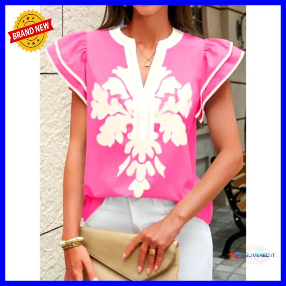 Ruffle Color Block Blouse Floral Print V Neck Pleated Loose Fit Summer Top - Picture 3 of 7